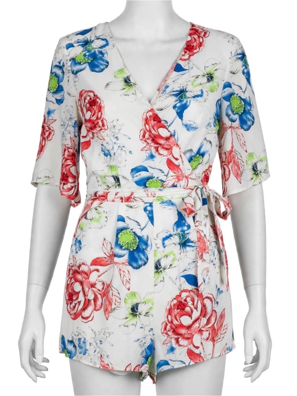 Floral Wrap Romper in White with Red & Blue Blooms